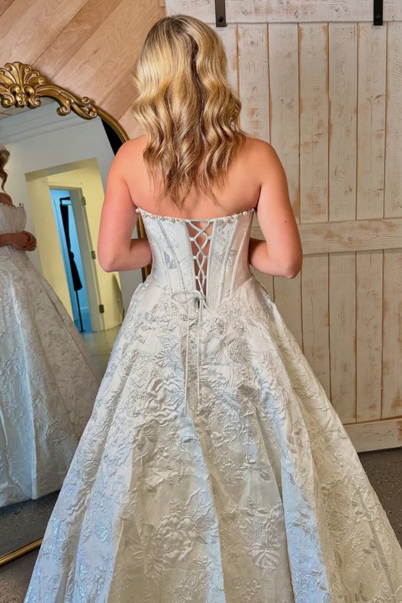 Pink A Line Strapless Jacquard Long Prom Dresses