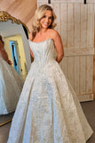 Pink A Line Strapless Jacquard Long Prom Dresses