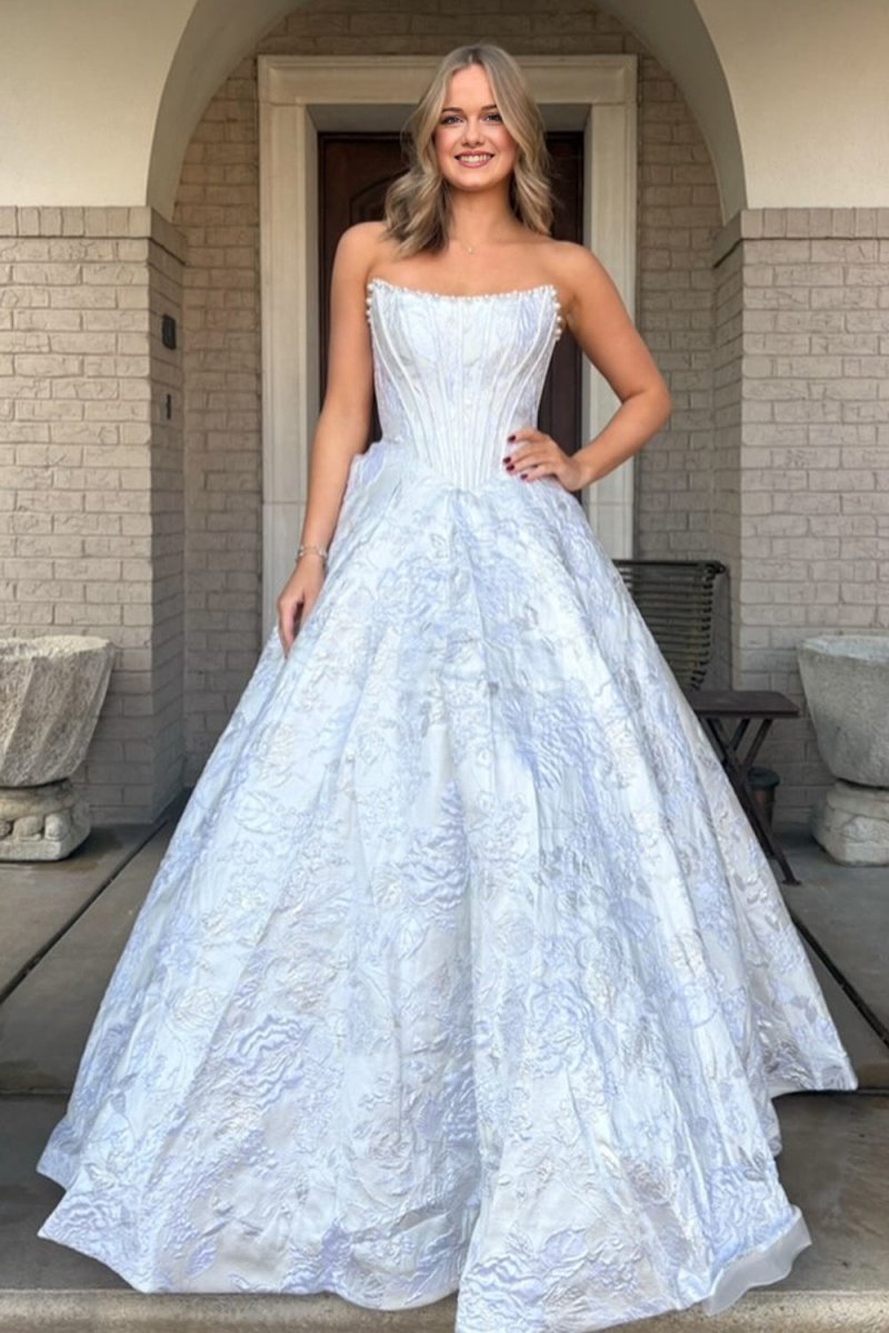 Pink A Line Strapless Jacquard Long Prom Dresses