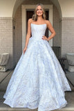 Pink A Line Strapless Jacquard Long Prom Dresses