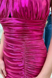 Neon Pink Halter Ruched Short Party Dress