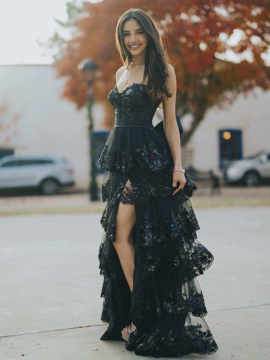 A-Line Sweetheart Sequin Ruffles Long Prom Dresses with Bow