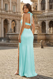 Blush Halter Sheath Satin Cutout Formal Prom Dresses With Slit
