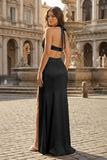 Blush Halter Sheath Satin Cutout Formal Prom Dresses With Slit