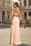 Blush Halter Sheath Satin Cutout Formal Prom Dresses With Slit