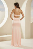 Blush Halter Sheath Satin Cutout Formal Prom Dresses With Slit