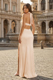 Blush Halter Sheath Satin Cutout Formal Prom Dresses With Slit