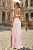 Blush Halter Sheath Satin Cutout Formal Prom Dresses With Slit