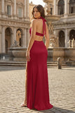 Blush Halter Sheath Satin Cutout Formal Prom Dresses With Slit