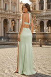 Blush Halter Sheath Satin Cutout Formal Prom Dresses With Slit