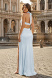 Blush Halter Sheath Satin Cutout Formal Prom Dresses With Slit
