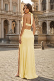 Blush Halter Sheath Satin Cutout Formal Prom Dresses With Slit