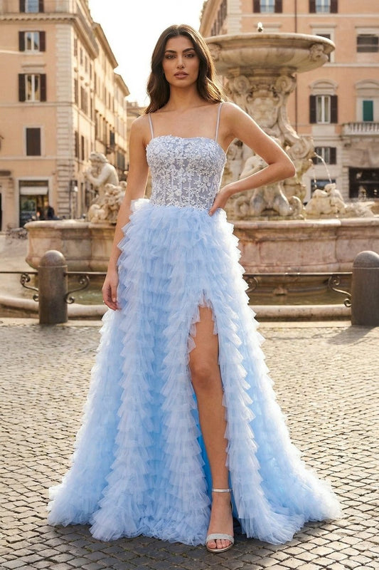Sky Blue A-Line Tiered Sequins Tulle Long Prom Dress