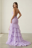 Lilac - Spaghetti Straps Mermaid Lace Appliqued Prom Dresses With Ruffles