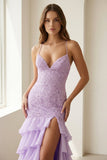Lilac - Spaghetti Straps Mermaid Lace Appliqued Prom Dresses With Ruffles