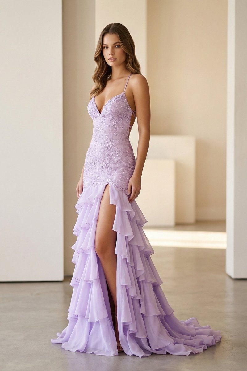 Lilac - Spaghetti Straps Mermaid Lace Appliqued Prom Dresses With Ruffles