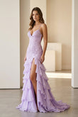 Lilac - Spaghetti Straps Mermaid Lace Appliqued Prom Dresses With Ruffles