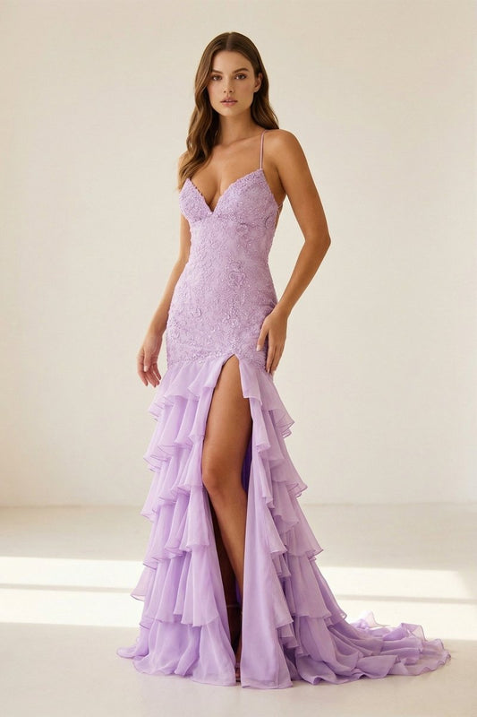 Lilac - Spaghetti Straps Mermaid Lace Appliqued Prom Dresses With Ruffles