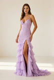 Lilac - Spaghetti Straps Mermaid Lace Appliqued Prom Dresses With Ruffles