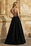 A Line Royal Blue Spaghetti Straps Satin Prom Dress With Pockets