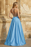 A Line Royal Blue Spaghetti Straps Satin Prom Dress With Pockets