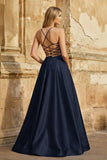 A Line Royal Blue Spaghetti Straps Satin Prom Dress With Pockets