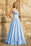 A Line Royal Blue Spaghetti Straps Satin Prom Dress With Pockets
