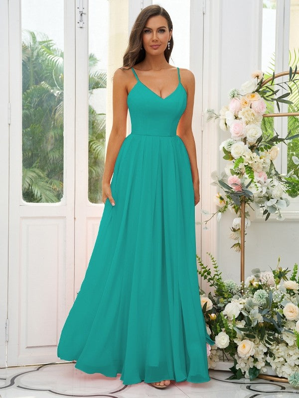 A-Line/Princess Chiffon Ruffles V-neck Sleeveless Floor-Length Bridesmaid Dresses Evening Dress