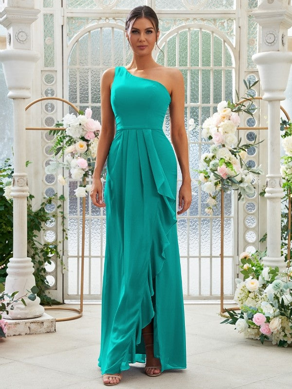 Sheath/Column Chiffon Ruffles One-Shoulder Sleeveless Floor-Length Bridesmaid Dresses Evening Prom Dress