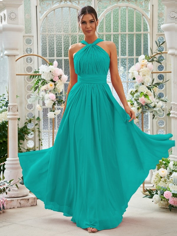 A-Linie/Princess-Linie Chiffon Rüschen Neckholder Ärmellos Bodenlang Brautjungfernkleider Abendkleid