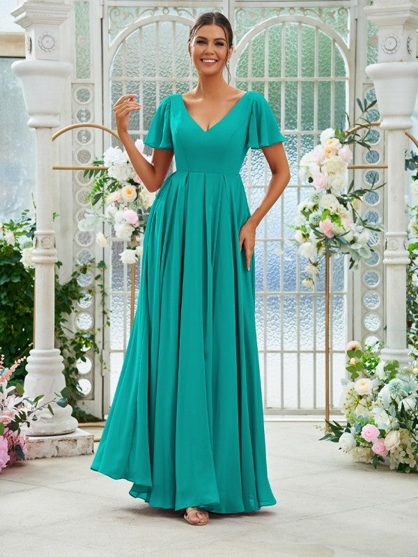 A-Line/Princess Chiffon Ruffles V-neck Short Sleeves Floor-Length Bridesmaid Dresses Evening Prom Dress