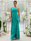 Sheath/Column Chiffon Ruffles One-Shoulder Sleeveless Floor-Length Bridesmaid Dresses Evening Prom Dress