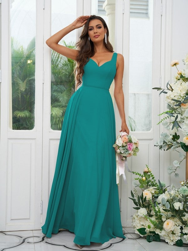 A-Line/Princess Chiffon Ruffles V-neck Sleeveless Floor-Length Bridesmaid Dresses Evening Dress