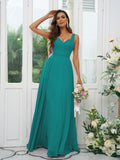 A-Line/Princess Chiffon Ruffles V-neck Sleeveless Floor-Length Bridesmaid Dresses Evening Dress