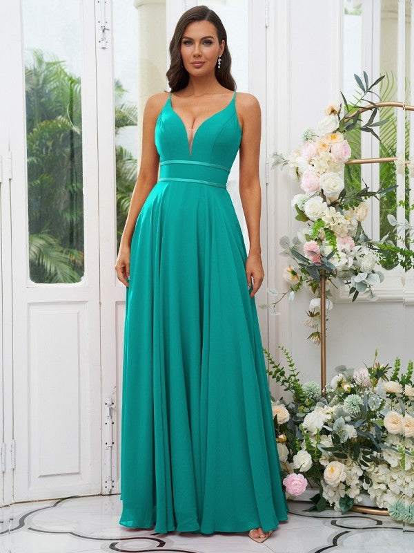 A-Line/Princess Chiffon Ruffles V-neck Sleeveless Floor-Length Bridesmaid Dresses Evening Prom Dress