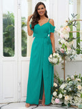 A-Line/Princess Chiffon Ruched V-neck Short Sleeves Floor-Length Bridesmaid Dresses Evening Dress