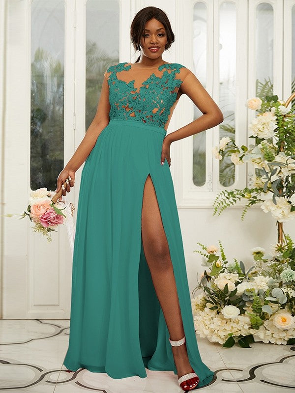 A-Line/Princess Chiffon Applique Scoop Sleeveless Floor-Length Bridesmaid Dresses Evening Prom Dress