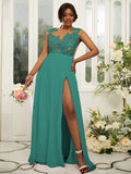 A-Line/Princess Chiffon Applique Scoop Sleeveless Floor-Length Bridesmaid Dresses Evening Prom Dress