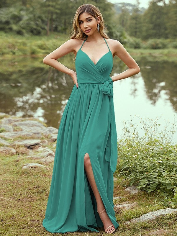 A-Line/Princess Chiffon Ruffles V-neck Sleeveless Sweep/Brush Train Bridesmaid Dresses Prom Dress