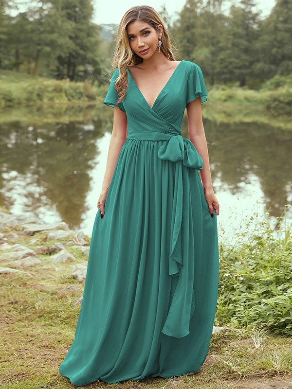 A-Line/Princess Chiffon Ruffles V-neck Short Sleeves Floor-Length Bridesmaid Dresses Evening Prom Dress