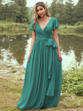 A-Line/Princess Chiffon Ruffles V-neck Short Sleeves Floor-Length Bridesmaid Dresses Evening Prom Dress