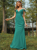 Sheath/Column Chiffon Ruched V-neck Sleeveless Floor-Length Bridesmaid Dresses Evening Dress