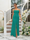 A-Line/Princess Silk like Satin Ruffles Spaghetti Straps Sleeveless Floor-Length Bridesmaid Dresses Evening Dress