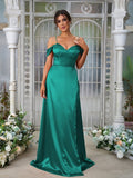 A-Line/Princess Silk like Satin Ruched Sweetheart Sleeveless Sweep/Brush Train Bridesmaid Dresses Evening Dress