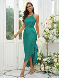 A-Line/Princess Silk like Satin Ruched One-Shoulder Sleeveless Tea-Length Bridesmaid Dresses Evening Prom Dress