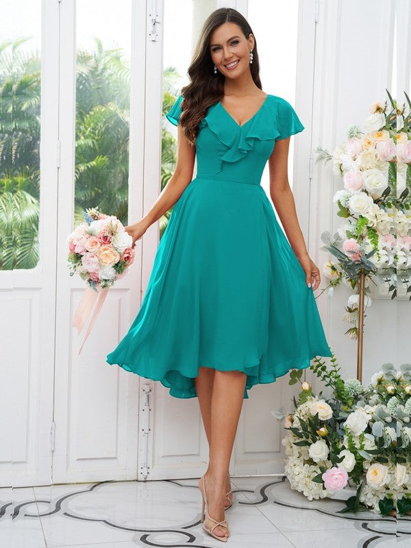 Vestido de dama de honor asimétrico de corte A/princesa, de gasa, con volantes, escote en V y mangas cortas, ideal para invitadas de boda y graduación.