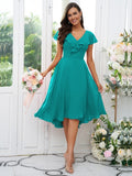 Vestido de dama de honor asimétrico de corte A/princesa, de gasa, con volantes, escote en V y mangas cortas, ideal para invitadas de boda y graduación.