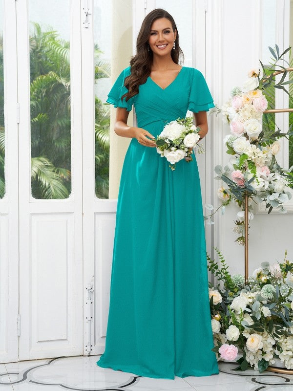 A-Line/Princess Chiffon Ruffles V-neck Short Sleeves Floor-Length Bridesmaid Dresses Evening Dress