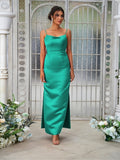 Sheath/Column Satin Ruched Spaghetti Straps Sleeveless Ankle-Length Bridesmaid Dresses Evening Dress