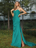 Sheath/Column Silk like Satin Ruched Sweetheart Sleeveless Sweep/Brush Train Bridesmaid Dresses Evening Dress